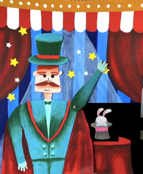Handmade magician collage with a green top hat, stage curtains and a rabbit.